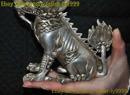 5.8" China Tibetan Silver Exorcize Kylin Kirin Chi-Lin Kilin Qilin Animal Statue