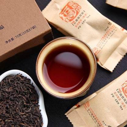 70g Ripe Puer Tea Healthy Fortune 10g×7 Bags Yunnan Haiwan Aged Shou Pu'er
