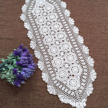 White Vintage Table Runner Hand Crochet Dresser Scarf Oval Lace Doily 15"x78"
