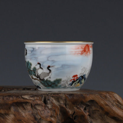 125ML Chinese Porcelain Jingdezhen Colour Enamel Pine Crane Pattern Tea Cups