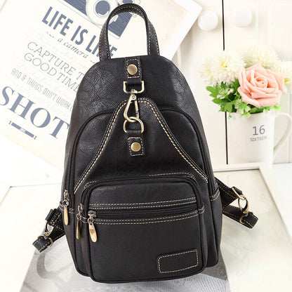 Womens PU Leather Vintage Outdoor Portable Chest Crossbody Shoulder Bag Backpack