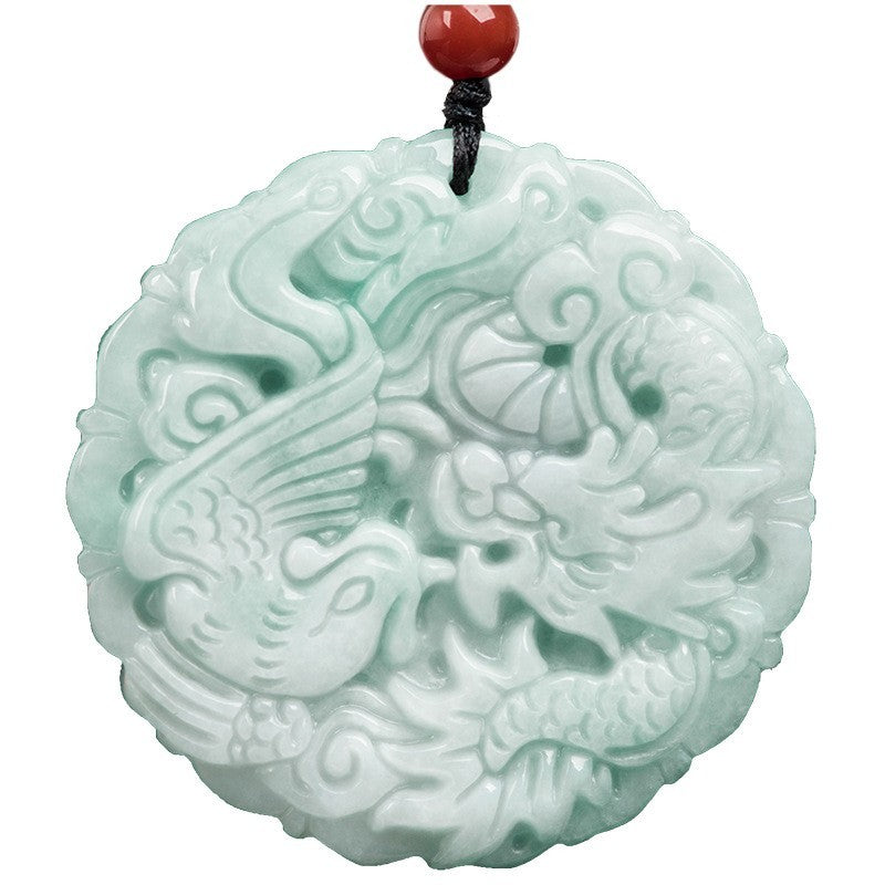 Certificate Natural Grade A Jade Jadeite Dragon Phoenix Couple Pendant Necklace