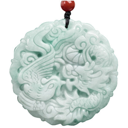Certificate Natural Grade A Jade Jadeite Dragon Phoenix Couple Pendant Necklace