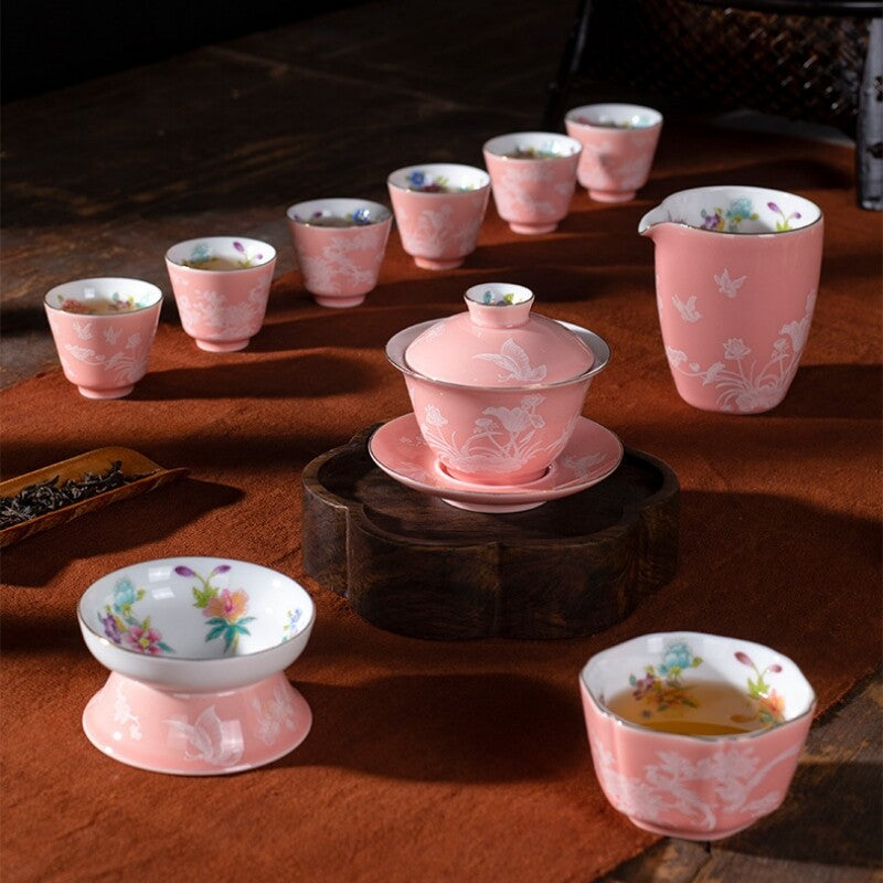 Chinese Tea Set Porcelain Tea Pot Floral Print Gaiwan Cup Pitcher Strainer New