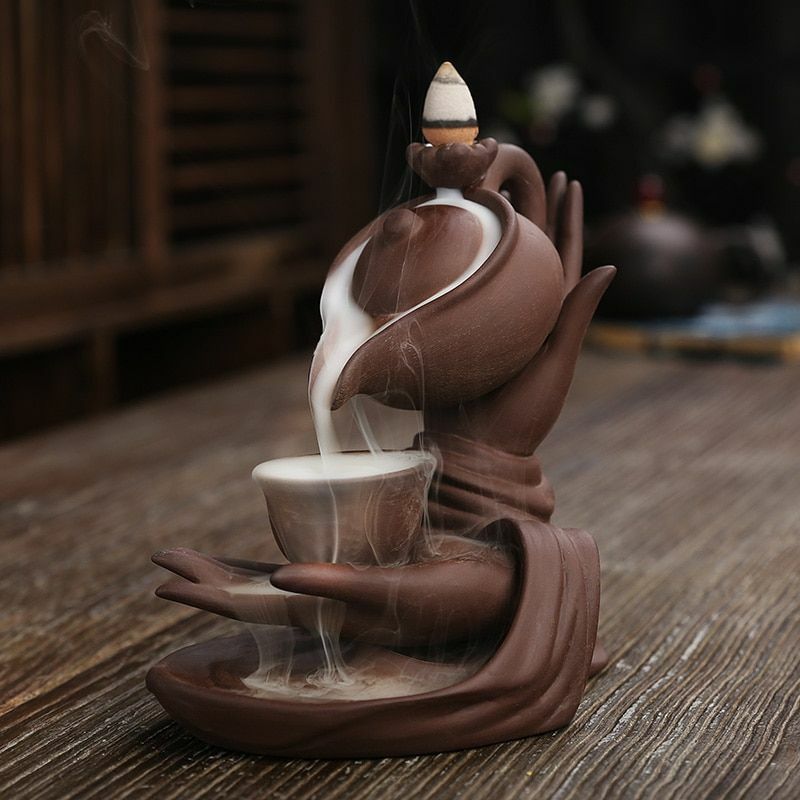 Creative Meditation Zen Buddha Hand Lotus Back flow Incense Burner Home Decor