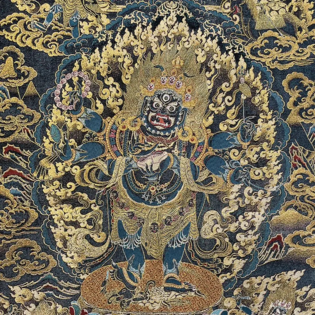 35" Tibetan Buddhism Embroidery Black Jambhala Six Arm Mahakala Buddha Thangka
