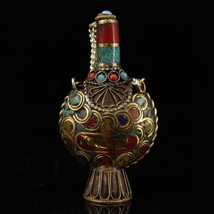 Vintage Nepal Handmade Copper Snuff Bottle Gemstone Inlaid Chinese Collectible
