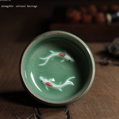 Longquan Porcelain Tea Cup Double Fish Set Marked Cup 55ml Longquan Celadon Cup