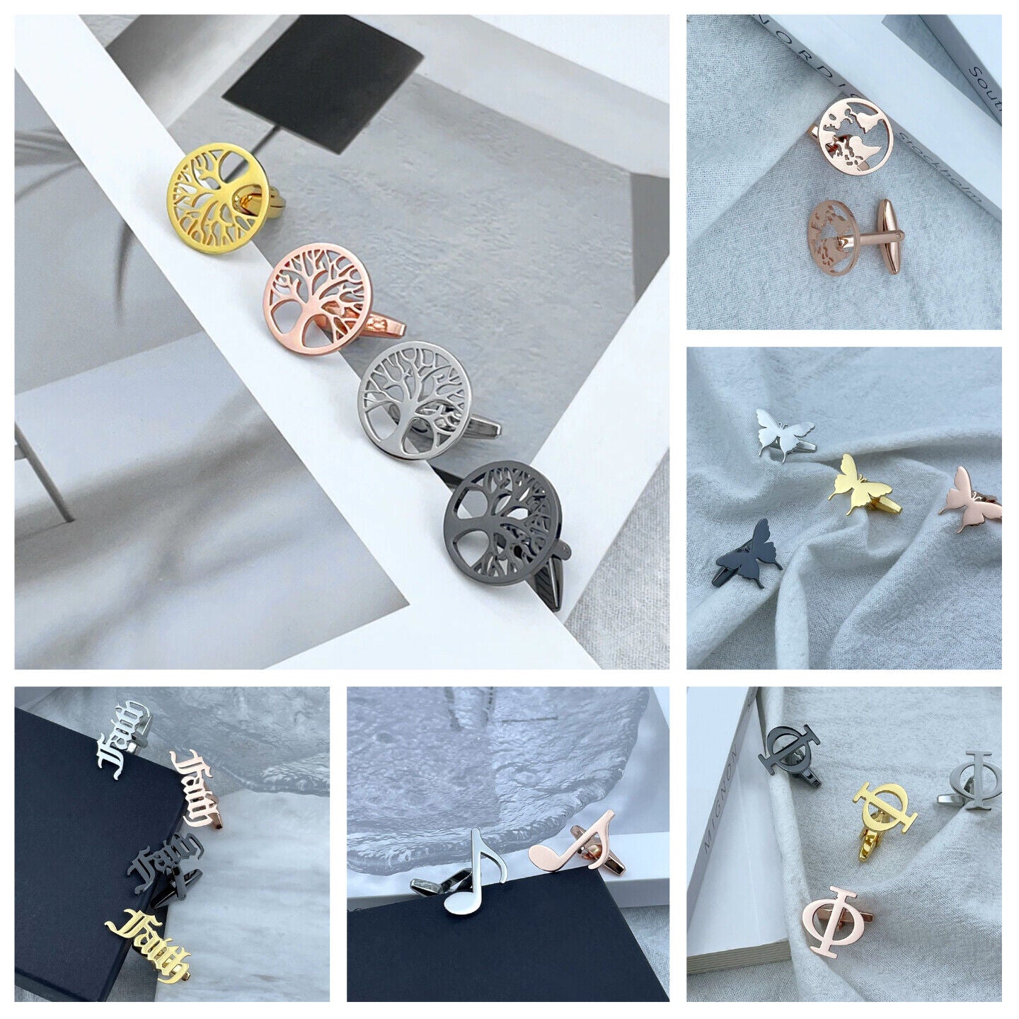 Men Cufflinks Life Tree Stainless Steel Shirt Wedding Groomsmen Tie Clip Jewelry