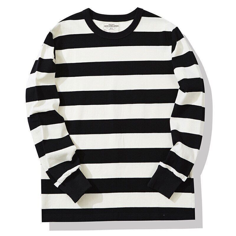 280g Heavyweight Cotton Striped Long Sleeve T-Shirt Men Autumn Navy Thick Tops