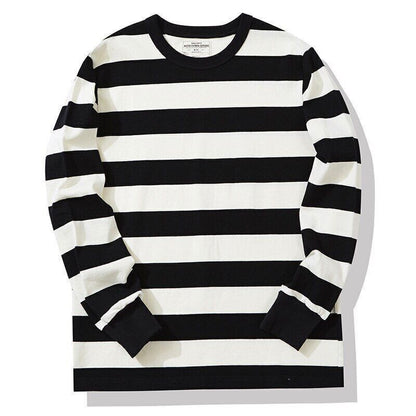 280g Heavyweight Cotton Striped Long Sleeve T-Shirt Men Autumn Navy Thick Tops