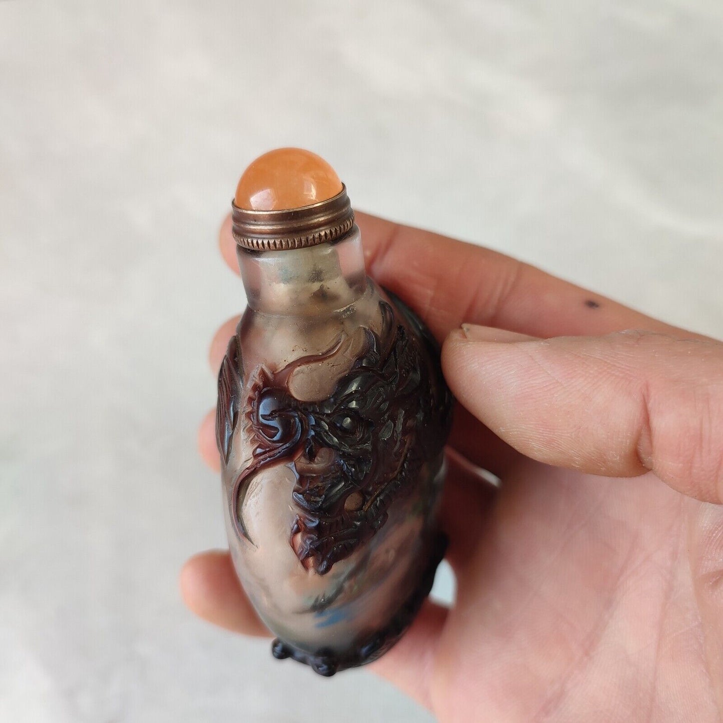 Chinese Carved Glass Snuff Bottle Inside Painting Dragon Sculpture Statue Rare