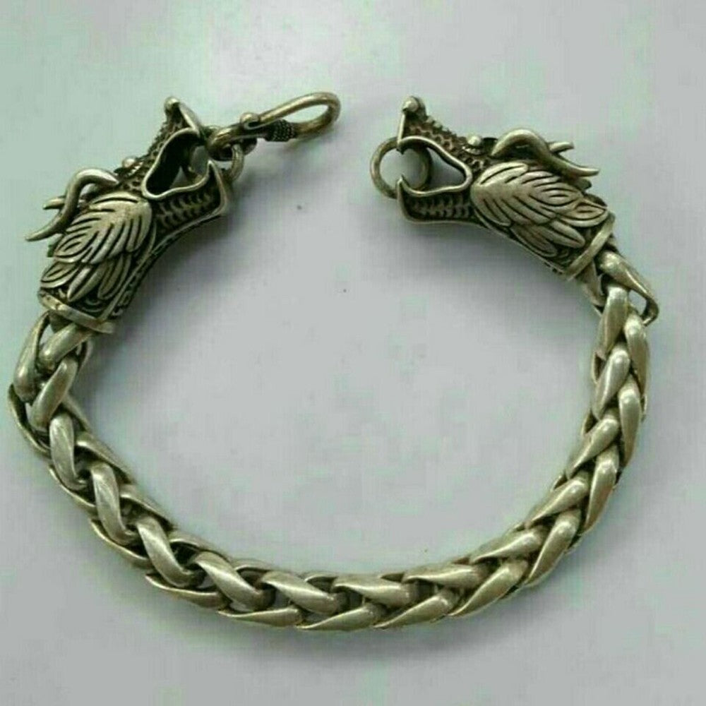 Old Chinese tibet silver carving dragon head Bracelet