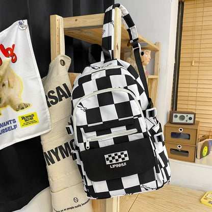 Backpack Waterproof Multi-Pocket Nylon Bookbag Plaid Schoolbag Laptop Travel Bag