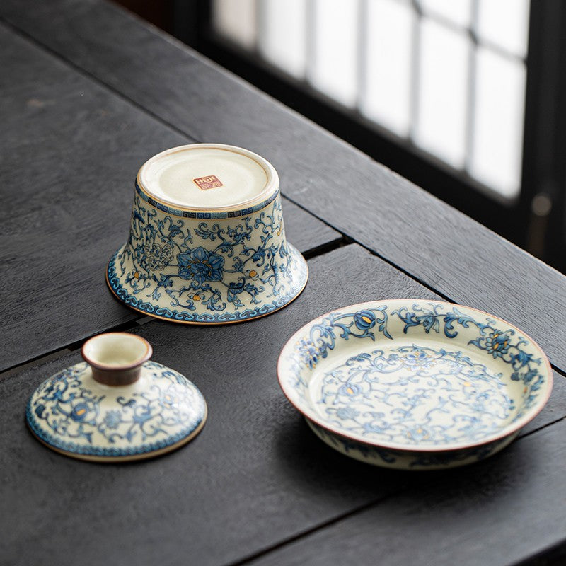 150ml Ru Kiln Blue White Porcelain Ceramics Gaiwan Teacup Retro Tea Set