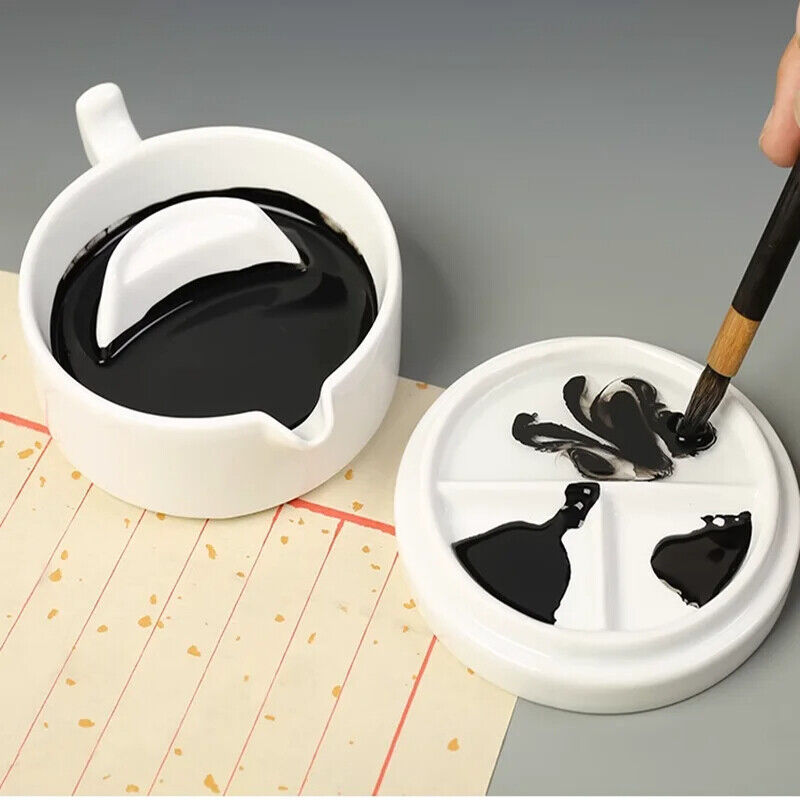 Ceramic Ink Plate White Porcelain W/ Lid Calligraphy Painting Palette 10.5x4.9cm