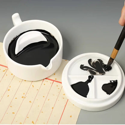 Ceramic Ink Plate White Porcelain W/ Lid Calligraphy Painting Palette 10.5x4.9cm