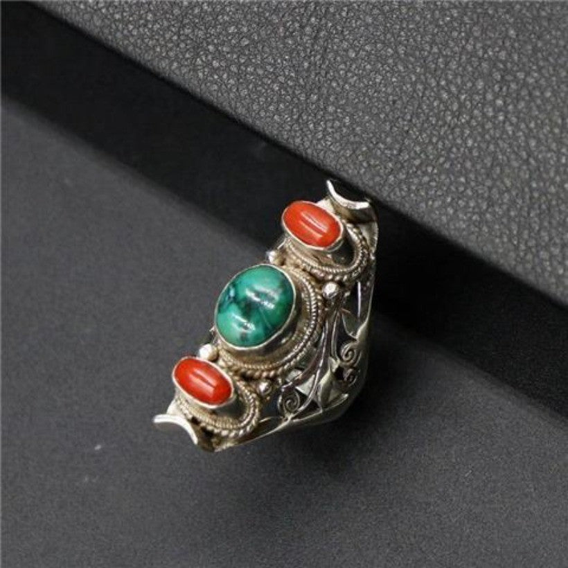 Nepal Handmade Turquoise Ring Open Saddle Band Retro Ethnic Unisex Jewelry