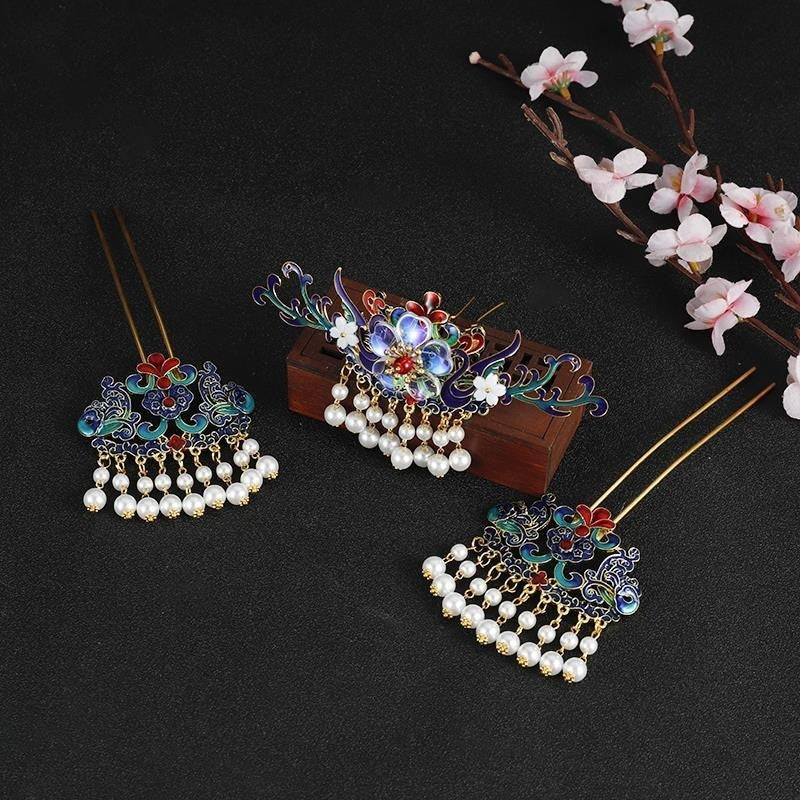 Chinese Hanfu Cloisonne Enamel Pearl Tassel 5pcs Hair Accessories Set