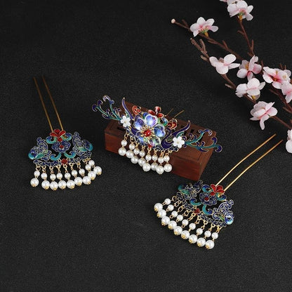 Chinese Hanfu Cloisonne Enamel Pearl Tassel 5pcs Hair Accessories Set