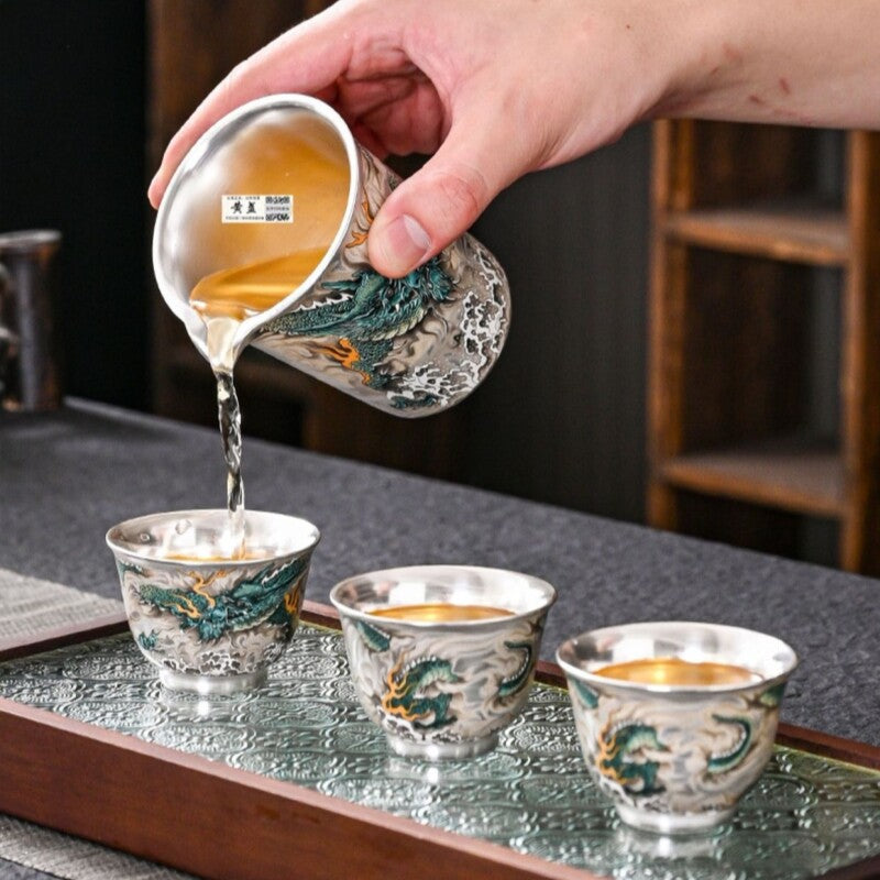 Boutique Tea Set Pure Silver Ceramic Gaiwan Pitcher Matching Tea Cup Filter Net