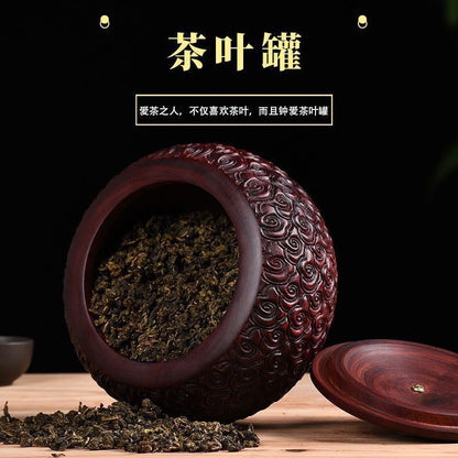 Red Sandalwood Tea Caddy 5.51×4.33in Fish Scale Carved Moistureproof Wood Jar