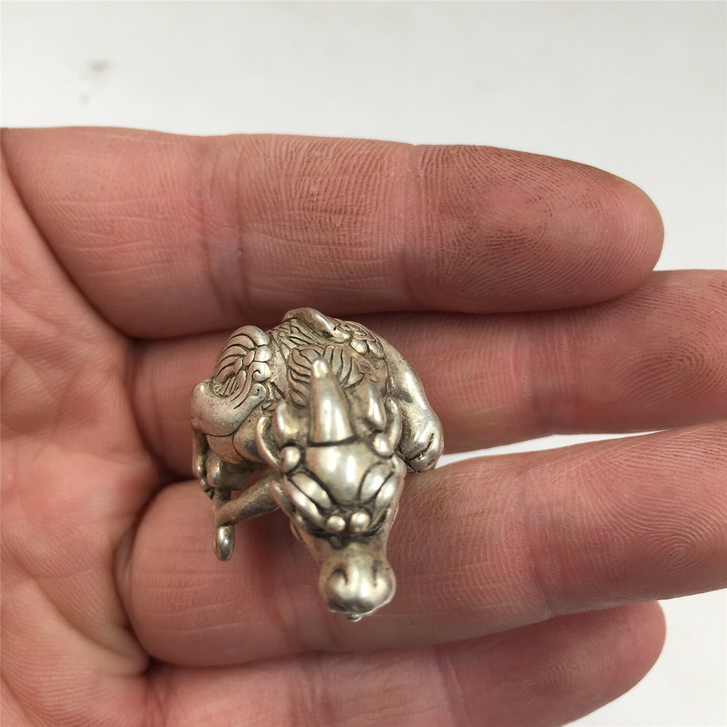 China OLD antique 23mm Tibetan silver handmade 3D dragon Unicorn Kylin ring