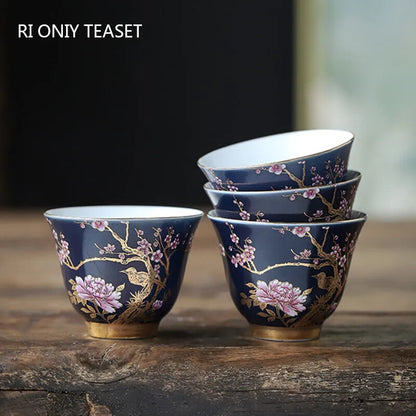 2.4" Ceramic Teacup Hand Painted Flowers Tea Bowl Handmade Tea Cup Tea Set Decor