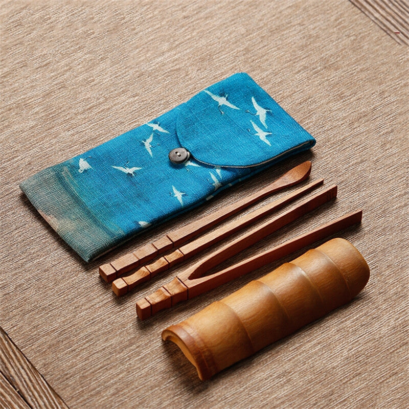 Cotton Linen Storage Bag Set Kung Fu Tea Set Bag Bamboo Tea Clip Accessories