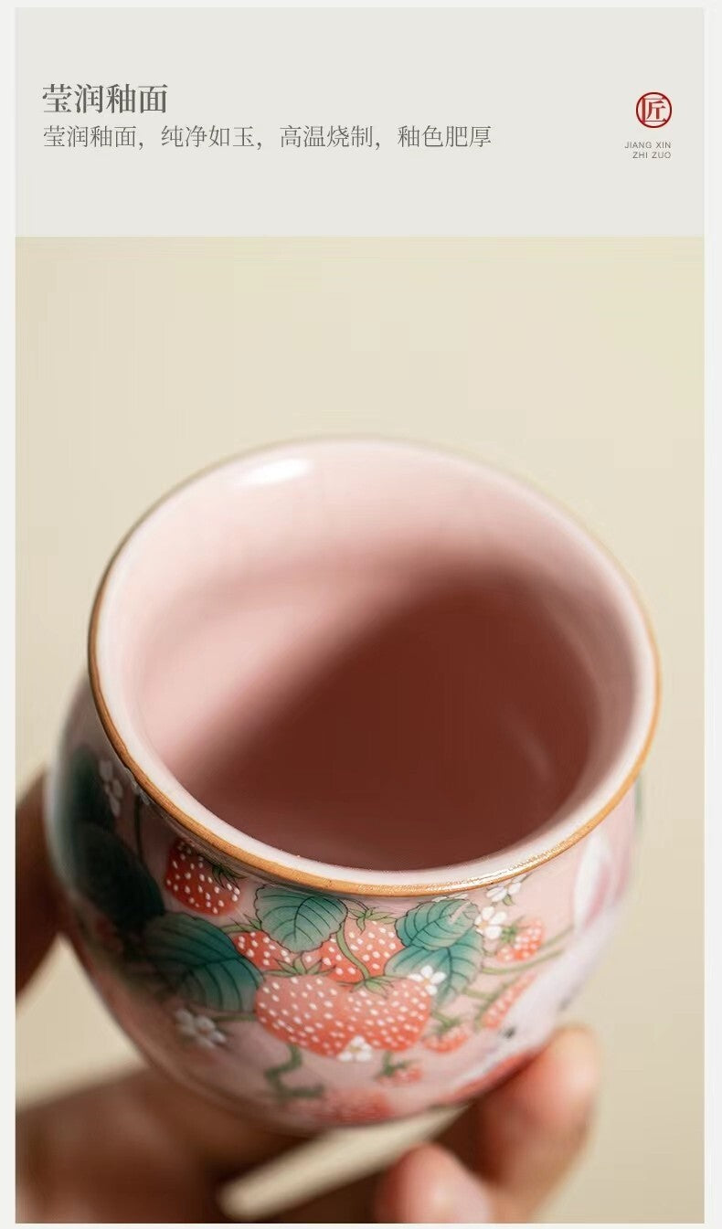 chinese ru ware porcelain tea cup : strawberry rabbit