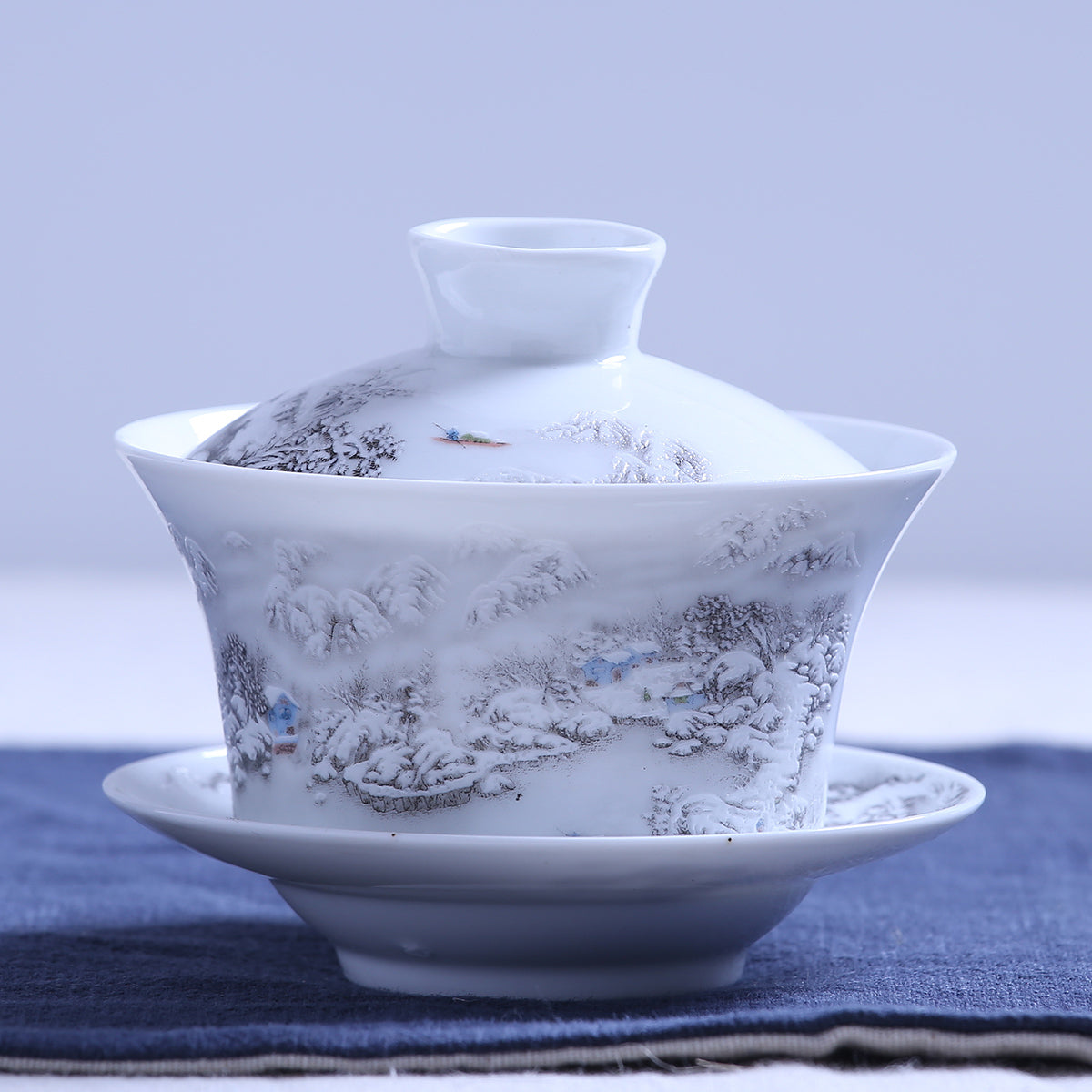 280ml Chinese Porcelain Gaiwan Tureen Relief Snow View Pattern Tea Bowl Cup