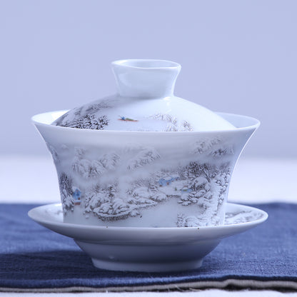 280ml Chinese Porcelain Gaiwan Tureen Relief Snow View Pattern Tea Bowl Cup