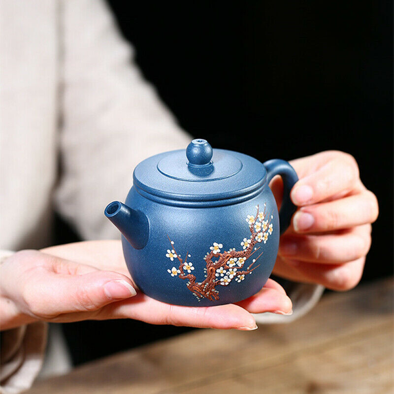 Handmade Tea Pot Marked Floral Relief Chinese Real Yixing Republic Green Clay