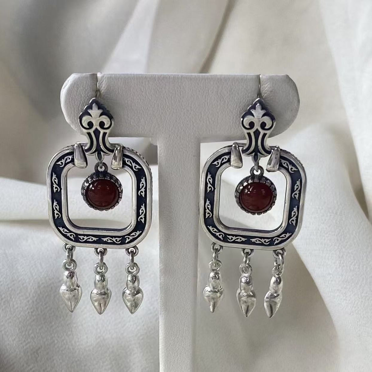 Kazakh Ethnic Vintage Ring & Earring Set Red Stone Tassel Jewelry