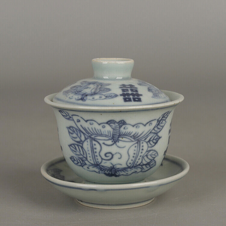 Chinese Porcelain Ming Dynasty Wanli Blue and White Butterfly 囍 Tea Bowl 3.34''