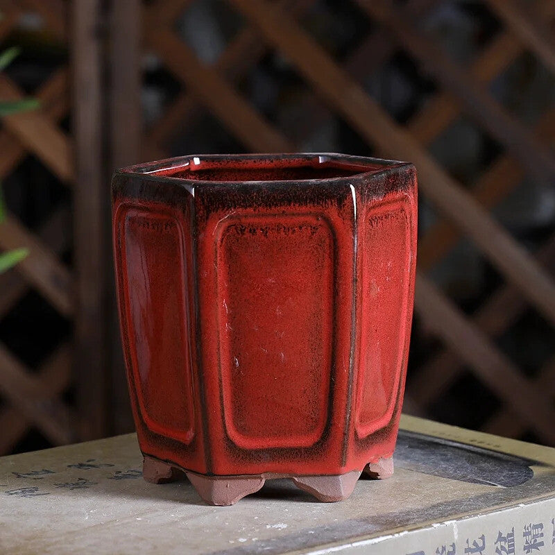 Ceramic Colorful Glazed Round Hexagon Bonsai Pot Tradition Chinese Decoration