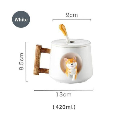 Ceramic Shiba Inu Mug with Lid Spoon Cute Dog Coffee Cup 420ml