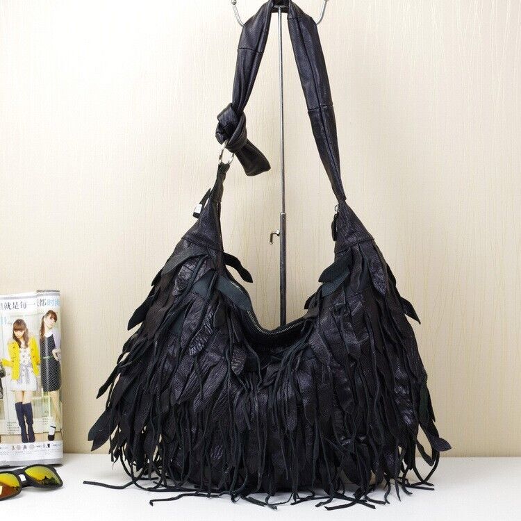 100% Genuine Leather Desinger Tassel Handbag Women's Black Tote Shoulder Bag