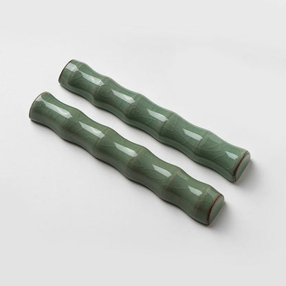 2 Pcs Bamboo Longquan Celadon Ceramics Paperweights Brush Rest Calligraphy Tool