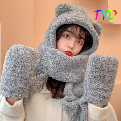 Women Fluffy Scarf Hat Gloves Set Warm 3In1 Hooded Cartoon Bear Cute Ears Winter