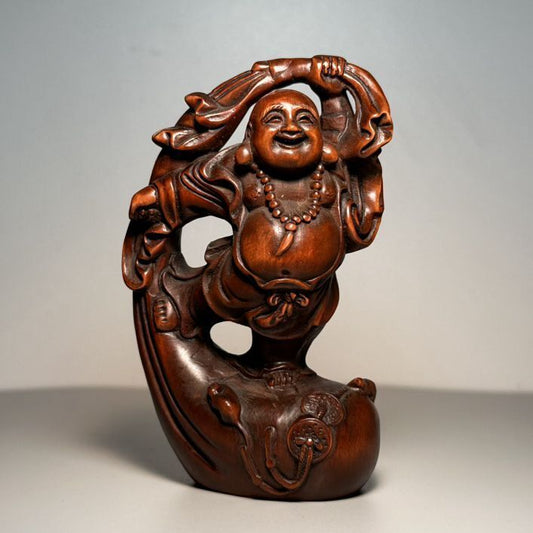 Vintage Chinese Boxwood Carving Laughing Buddha Statue Decor Wooden Figurine Art