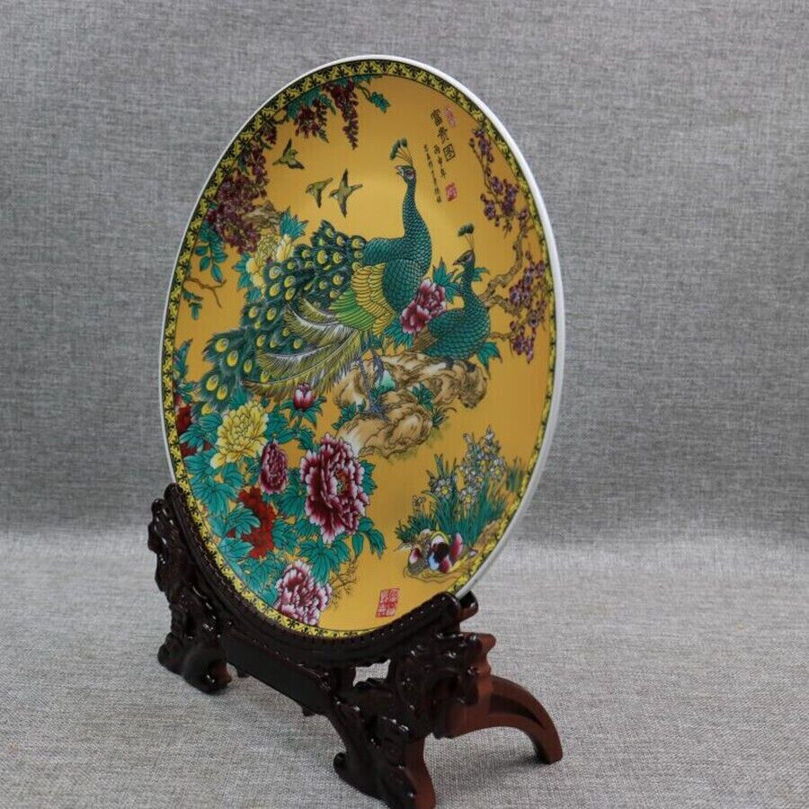 Old Chinese Porcelain color painted Peacock pattern plate Qing Qianlong Mark