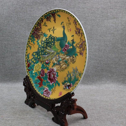 Old Chinese Porcelain color painted Peacock pattern plate Qing Qianlong Mark