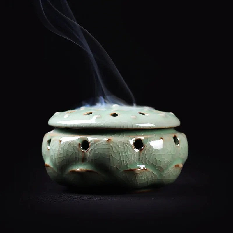 Longquan Celadon Ceramic Buddha Crafts Lotus Incense Burner Incense Coil Censer