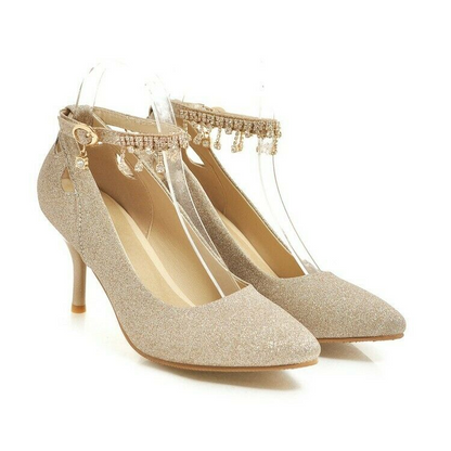 Slip On Women Pumps Shoes Beads Ankle Strap Stiletto Heels Pointy Toe Bling Chic