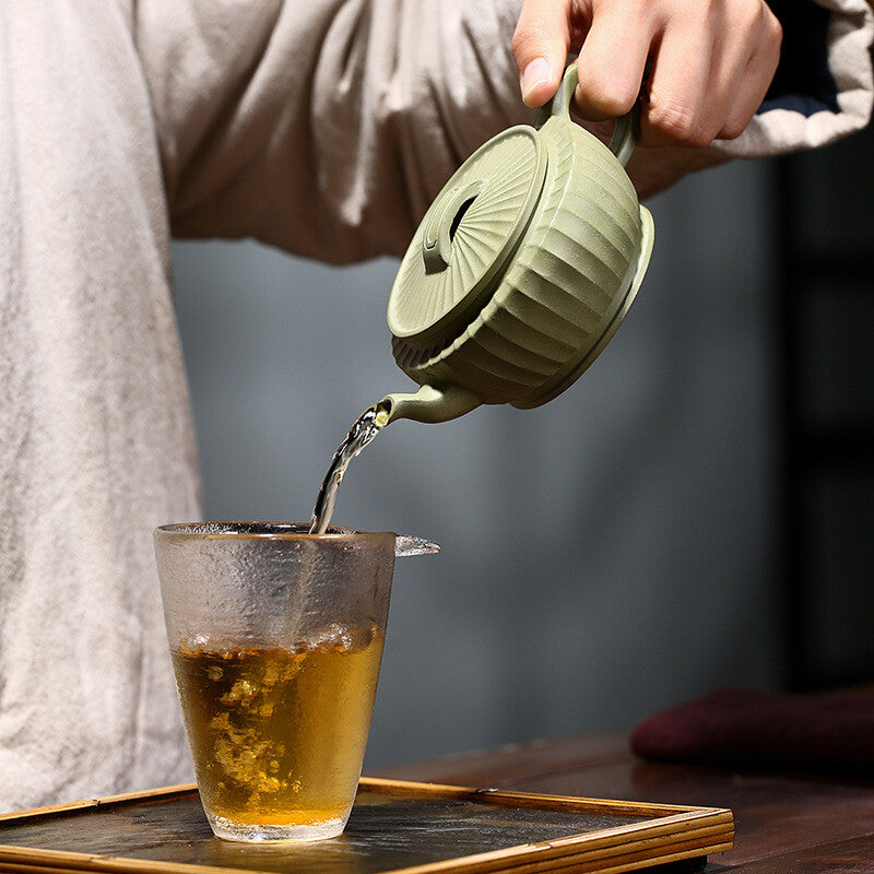 China Yixing Zisha Pottery Bean Green Mud Clay Handmade230cc Tendon Grain Teapot