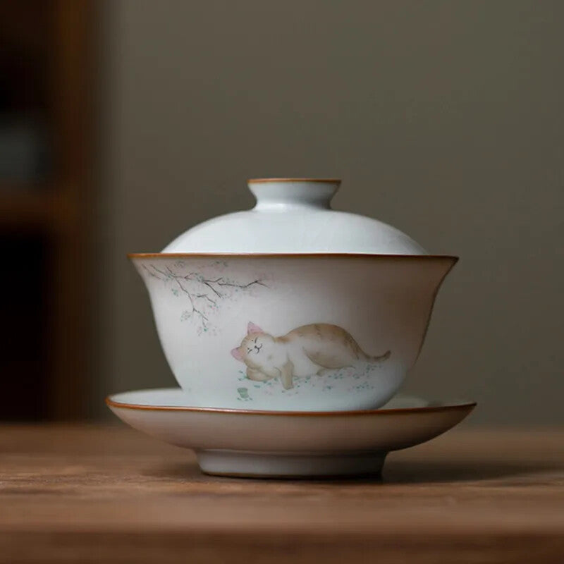 160ml Traditional Ceramic Tureen Bowl Handmade Cat Pattern Gaiwan Cup Tea Set