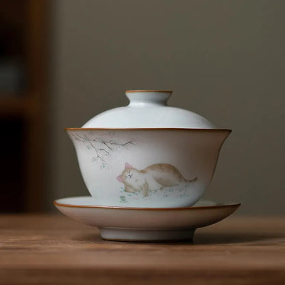160ml Traditional Ceramic Tureen Bowl Handmade Cat Pattern Gaiwan Cup Tea Set