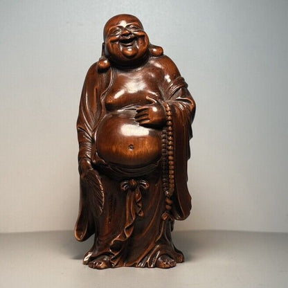 Vintage Chinese Boxwood Carving Laughing Buddha Statue Ornaments Wooden Figurine