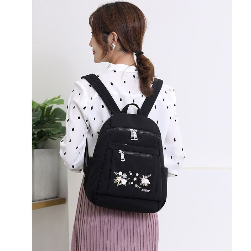 Nylon Backpack Black Zipper School Bags Flower Embroidery Rucksack High Capacity